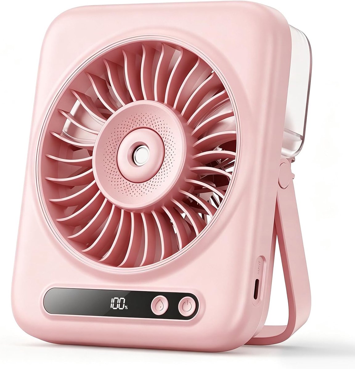 Mini USB-bureauventilator met verneveling – met led-display – 6000 mAh – Oplaadbaar, draadloos, stille ventilator met verkoelende nevel – Compacte, draagbare bureauventilator – Geschikt voor slaapkamer, kantoor, op reis en buitenshuis – Roze
