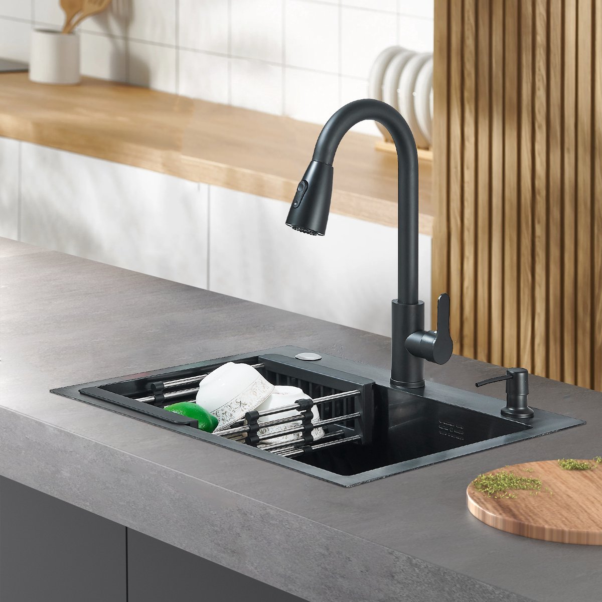 Zwarte Nano RVS Keukenspoelbak 1 bak compleet set met uittrekbare kraan en zeepdispenser 50cm*45 cm, handgemaakte spoelbak met afdruiprek, onderbouw/inbouw spoelbak voor keuken