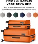 Twee oranje DAKOZO koffers, een grote en een kleine, met verschillende kleuren opties erboven.