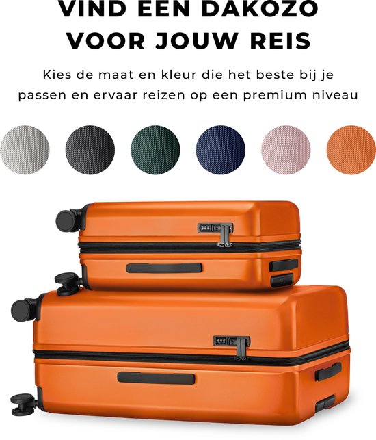 Twee oranje DAKOZO koffers, een grote en een kleine, met verschillende kleuren opties erboven.