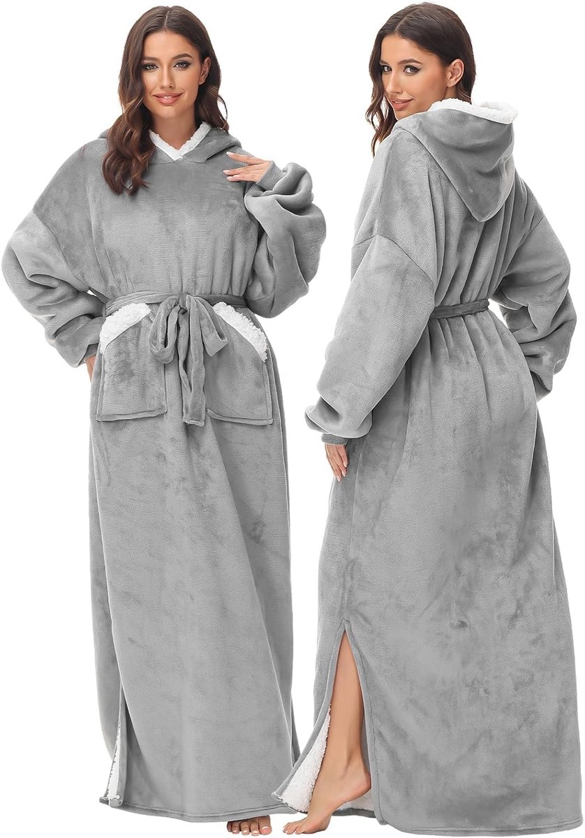 SnelShoppen - Blanket Hoodie met Mouwen en Capuchon - Grijze Deken met Mouwen 80 x 180 cm - Volledig Dekkende Deken voor Volwassenen - Super Zacht Mic