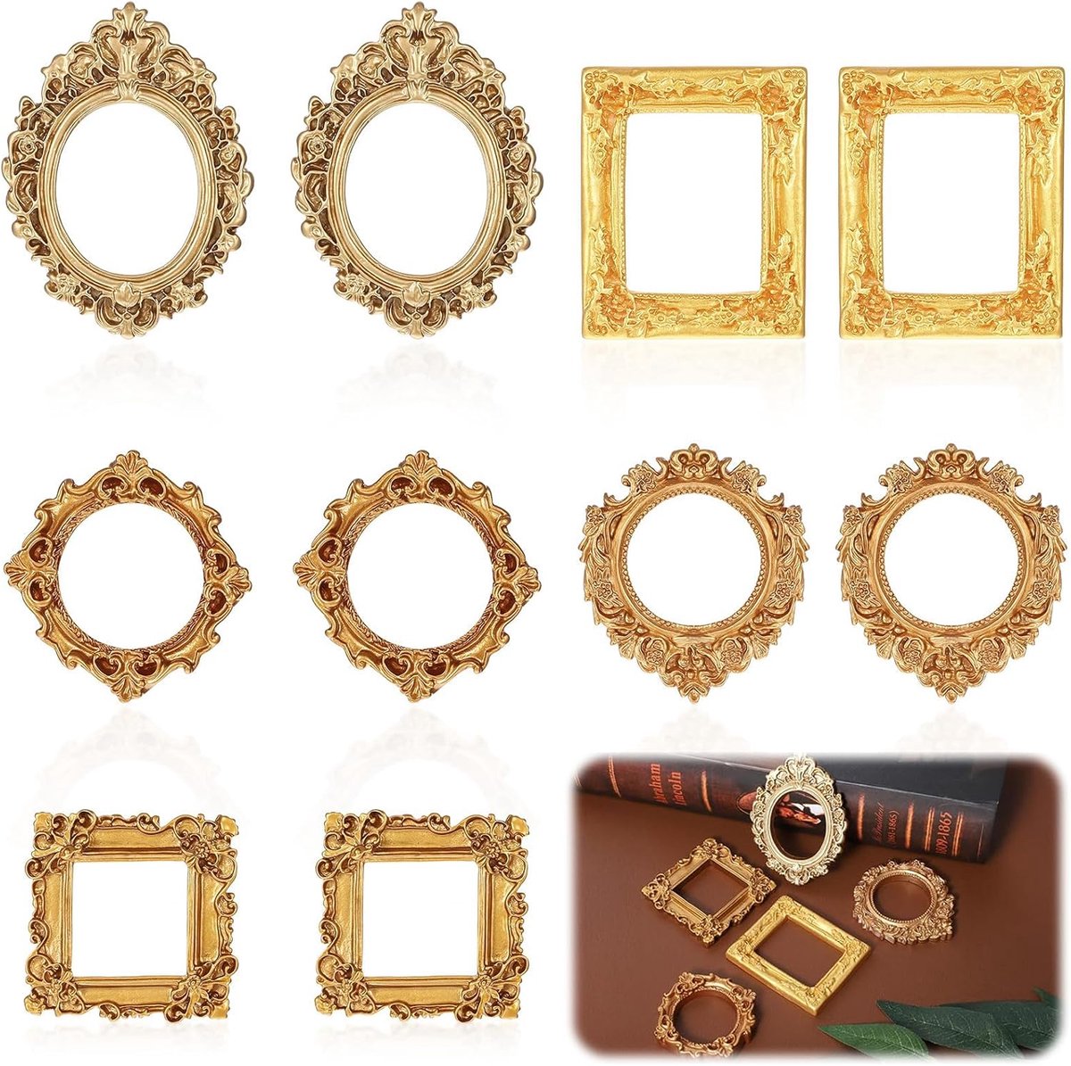 SnelShoppen - Mini Foto Frames 10 Stuks Goud Vintage Miniatuur Fotolijsten, Klein Hars Voor Muurdecoratie en Tafel Weergave, Ovaal en Rechthoekig, Voo