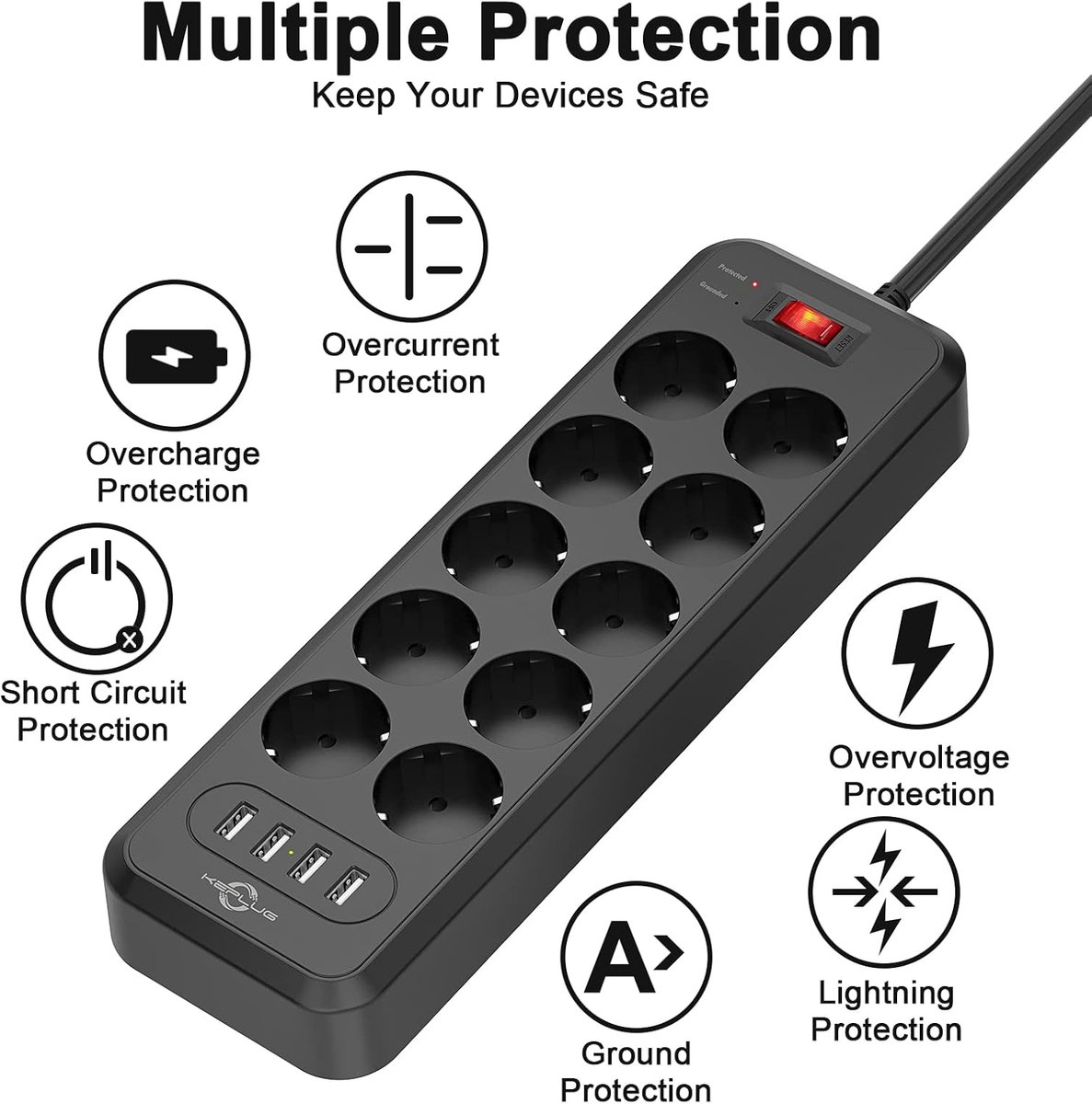 SnelShoppen - Power Strip Stekkerdoos met 4 USB Poorten, 16A Kindveilig, 4000W, Muurbevestiging, 2 Meter Kabel, Ideaal voor Thuis, Kantoor en Reizen