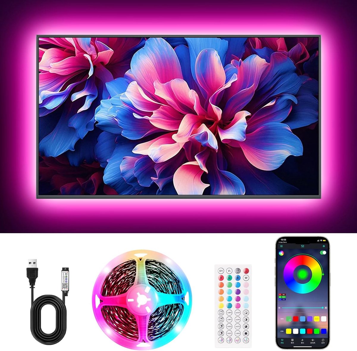 SnelShoppen - LED TV Achtergrondverlichting 2M, RGB LED Strip 30 LED/Meter, USB, App en Afstandsbediening voor 40-60 inch HDTV, PC, Slaapkamer, Feest