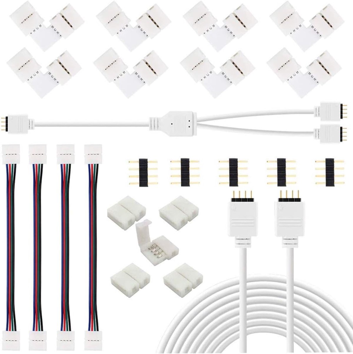 SnelShoppen - 5050 4 Pin LED Strip Connector Set - 10mm RGB LED Connector, 10 L-vormige Connectors, 2M Strip Light Extension Kabel, 4 LED Strip Jumper
