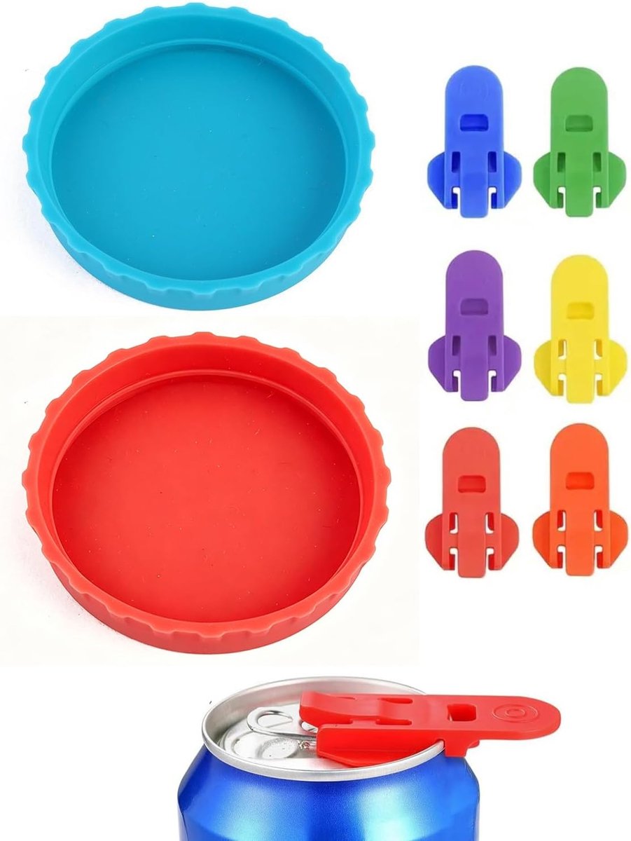 SnelShoppen - Drankenblikjes sluiting set 8 stuks: 6x blikopener & sluiting, 2x herbruikbare siliconen blikdeksels - lekvrije bescherming voor feest,