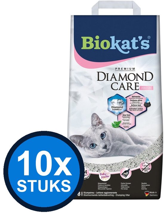 Biokat's Diamond Care fresh kattenbakvulling met een baby poeder geur, een grijze kat ligt op de zak. "10x STUKS" staat op een blauwe cirkel.