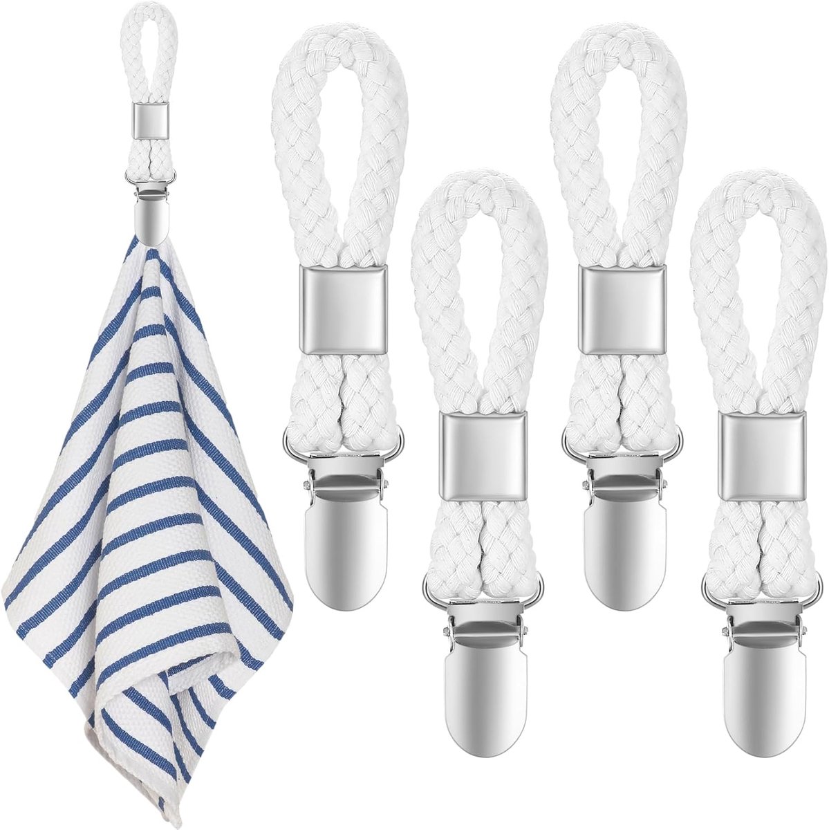 SnelShoppen - 4 Stuks Handdoek Klemmen voor Ophangen, Klemmen met Lussen, Handdoekhouders Keuken Handdoek Haken (Wit)