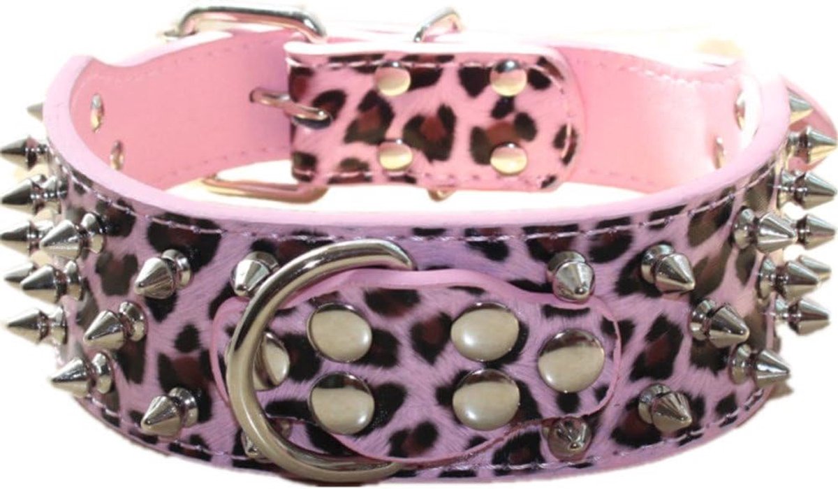 SnelShoppen - Stylish Spiked Leder Hondenhalsband met Bullet Rivets voor Middelgrote en Grote Honden - Duurzaam PU Leer - 6 Inch Breed - Roze Leopard