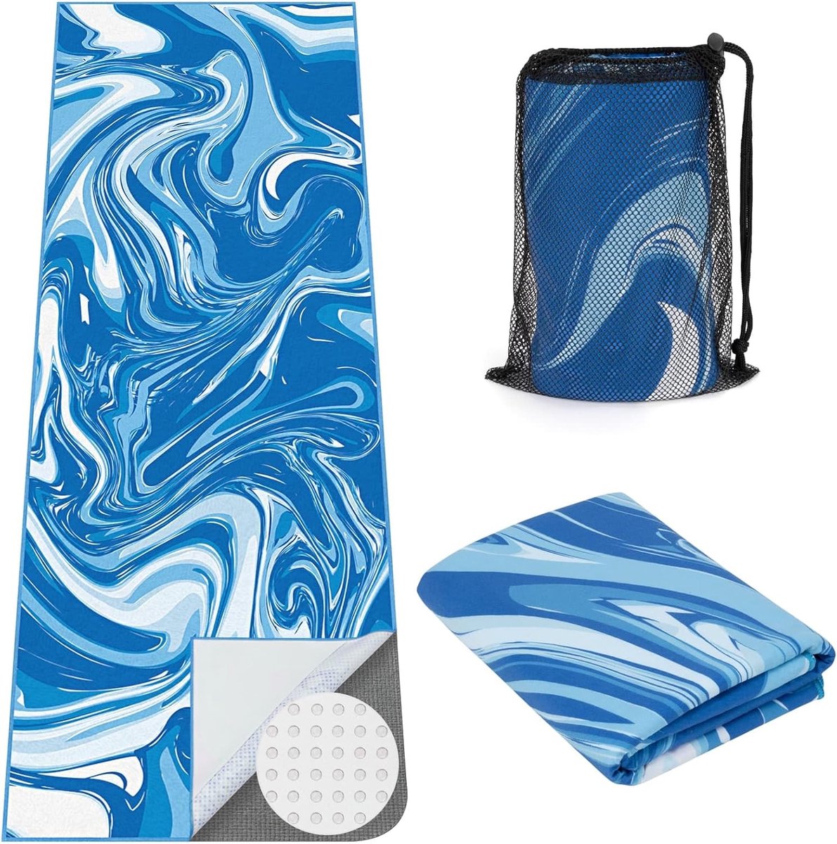 SnelShoppen - Yoga Mat Towel, Non-Slip Microfiber Handdoek met Hoekzakken voor Yoga, Pilates, Fitness, 188 × 66 cm, Blauw - Ideaal voor Thuis en Sport