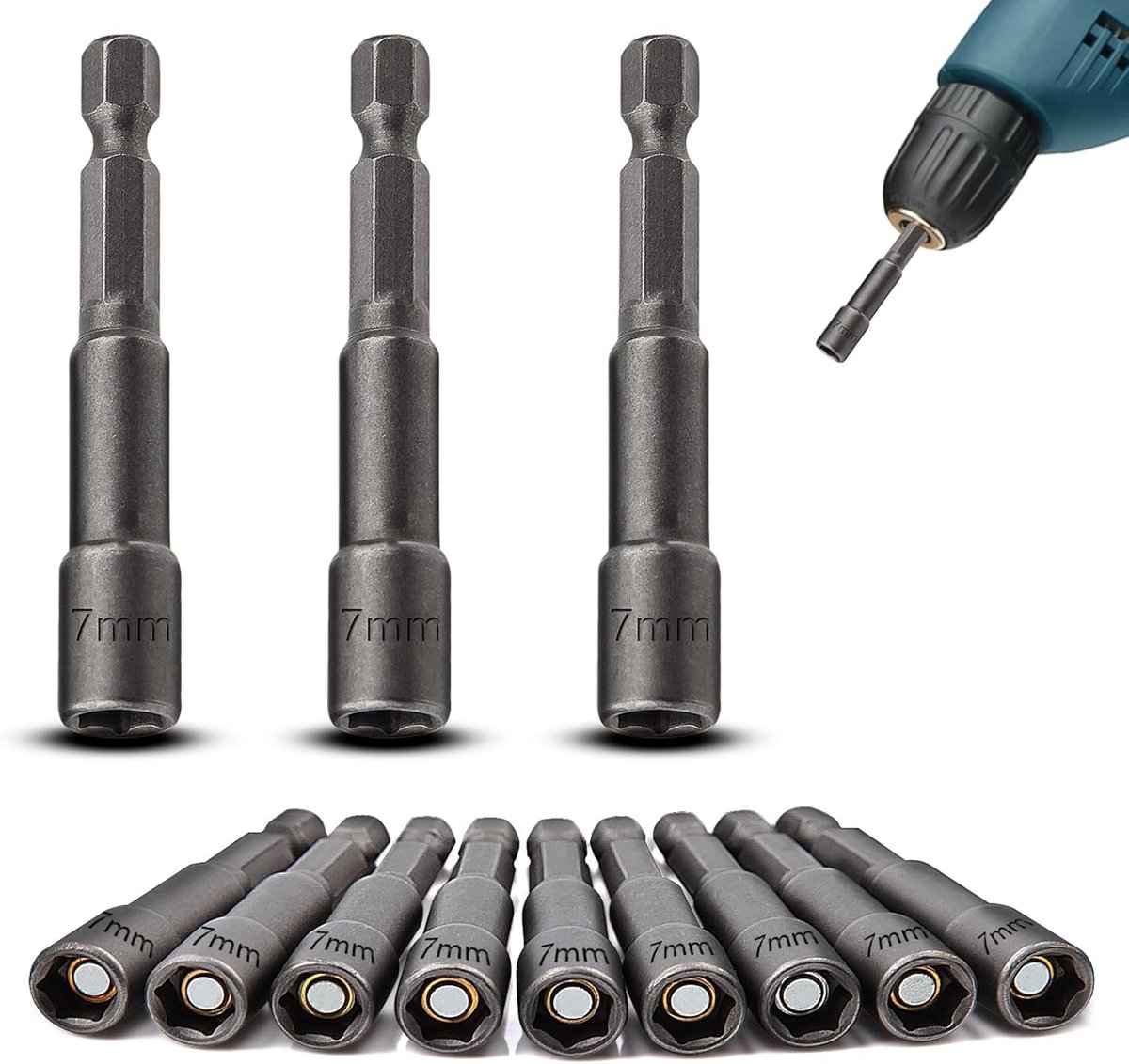 SnelShoppen - 12-delige Hexagon Bit Set met Magnetische Spanner - 7mm Moer Adapter voor Accuschroevendraaiers en Handboormachines - 1/4 Inch Schacht
