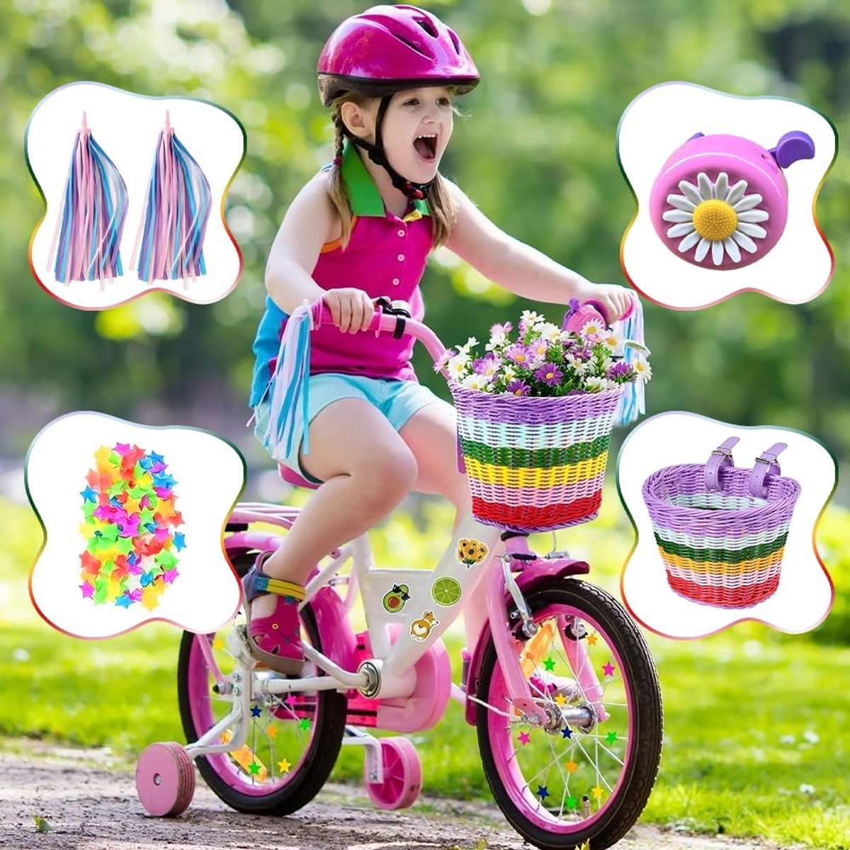 SnelShoppen - Fietsmand voor Kinderen - Rotan Fietsmand met Bloemenbel, Stuurfranjes en 35 Spakenclipsterren - Doe-het-zelf Kinderfietsdecoratie voor