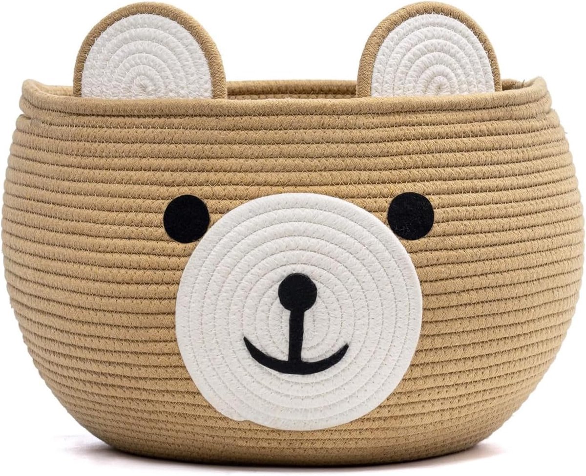 SnelShoppen - Babymand Katoenen Touw Panda Design | Organizer voor Kinderen | Wasmand voor Babyspullen | Schattige Decoratie voor Kinderkamer | Kaki K