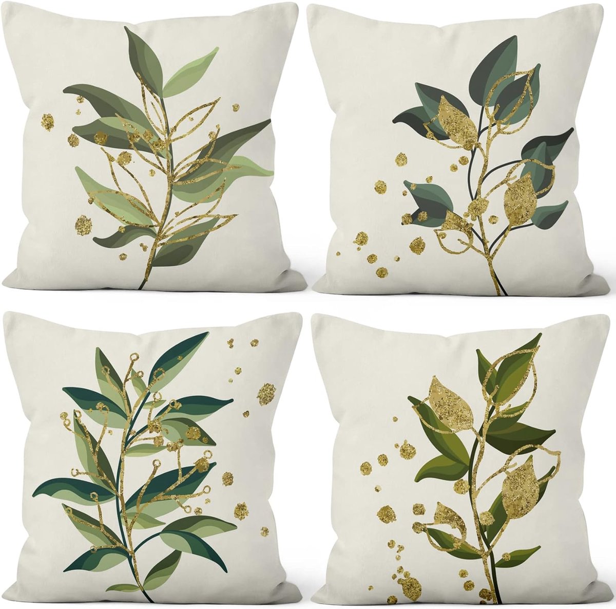 SnelShoppen - Set van 4 Eucalyptus Kussenhoezen Groen Gouden Bladeren Watercolor Planten Vierkante Velvet Decoratieve Kussenslopen voor Sofa Slaapkame