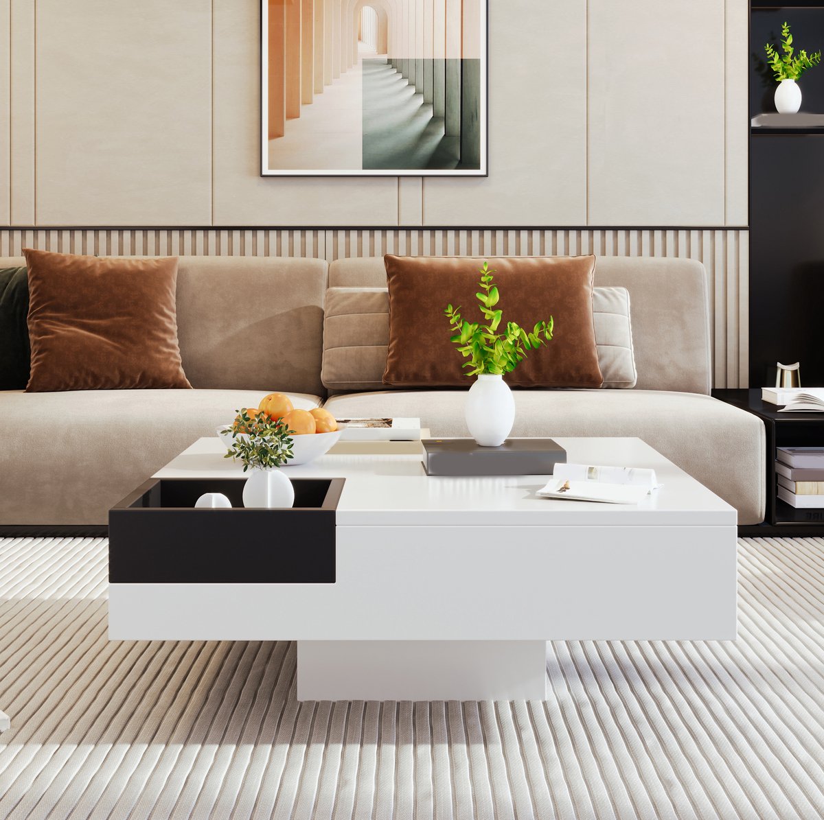 COVREO Salontafel 72x72x30 cm - hoogglans wit en zwart, afneembare opbergbox, LED-lichteffect