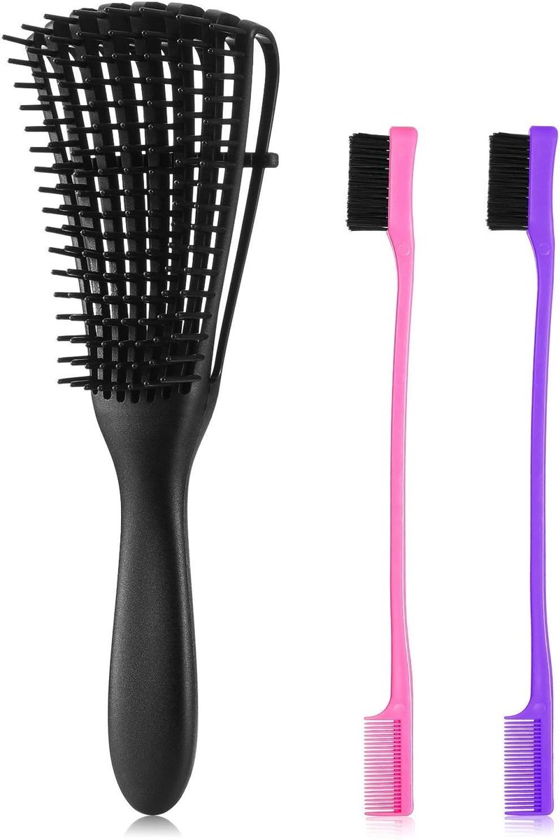 SnelShoppen - 3-delige Ontklitborstel Set met Dubbelzijdige Edge Borstels, Haarontklitter voor Afrikaans Textuur 3a tot 4c Kinky Golvend, Voor Nat/Dro