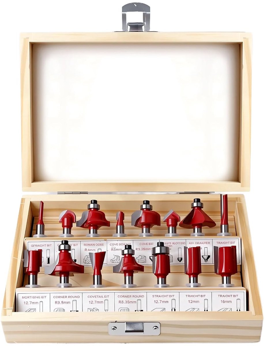 SnelShoppen - 15-Delige Houtfrezen Set voor 6.35 mm Schacht - V-Groef, Gezichtsfrezen, Chamfer, Dovetail - Carbide Staal met Rood Coating voor Houtbew