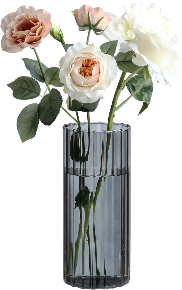 SnelShoppen - Glazen Vaas Grijs voor Bloemen - Perfect voor Beginners - Decoratieve Vaas voor Woonkamer en Eetkamer - Stabiliteit voor Medium Boekette