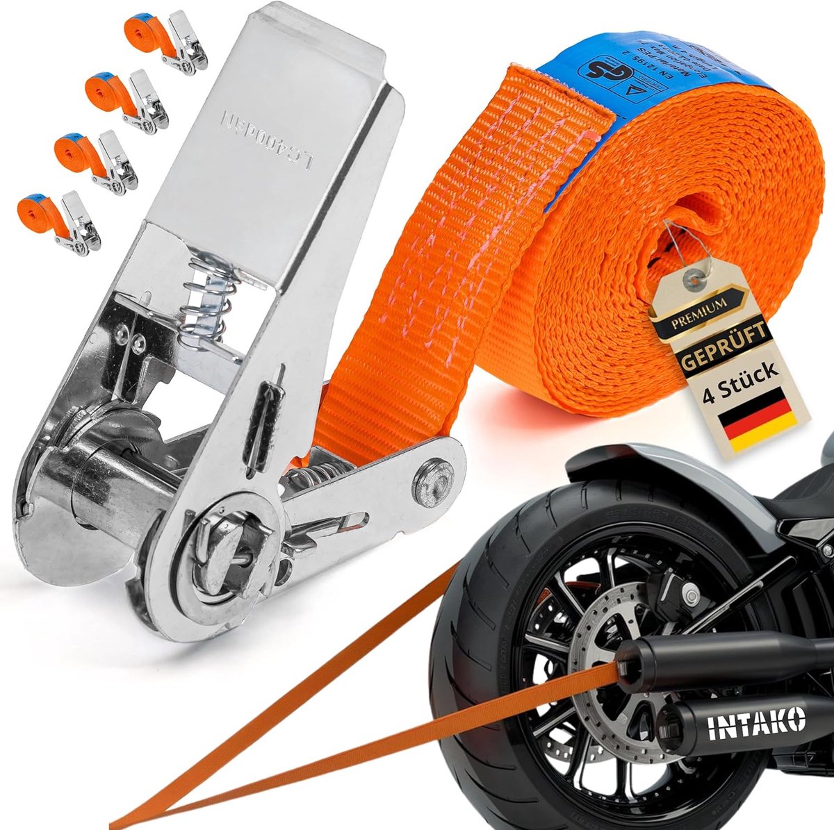 SnelShoppen - 4 Stuks Lashing Straps met Ratchet 6m - 800kg 25mm - Cargo Bevestigingsriemen zonder Haak voor Motorfiets, Trailer, Bagage en Fiets - Or