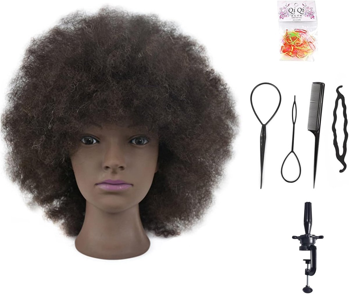 SnelShoppen - Training Head Afro Hair Mannequin Head - 100% Menselijk Haar Cosmetologie met Klem en Braid Sets - 10 Inch Natuurlijke Zwarte Krullen vo
