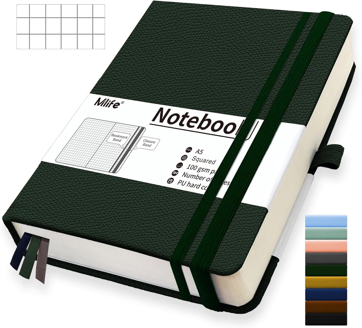SnelShoppen - A5 Vierkante Notitieboek met 360 Pagina's, Dikke 100g/m² Papier, Hardcover Notitieboek met Vouw Pocket voor Schrijven, Notities, Groen