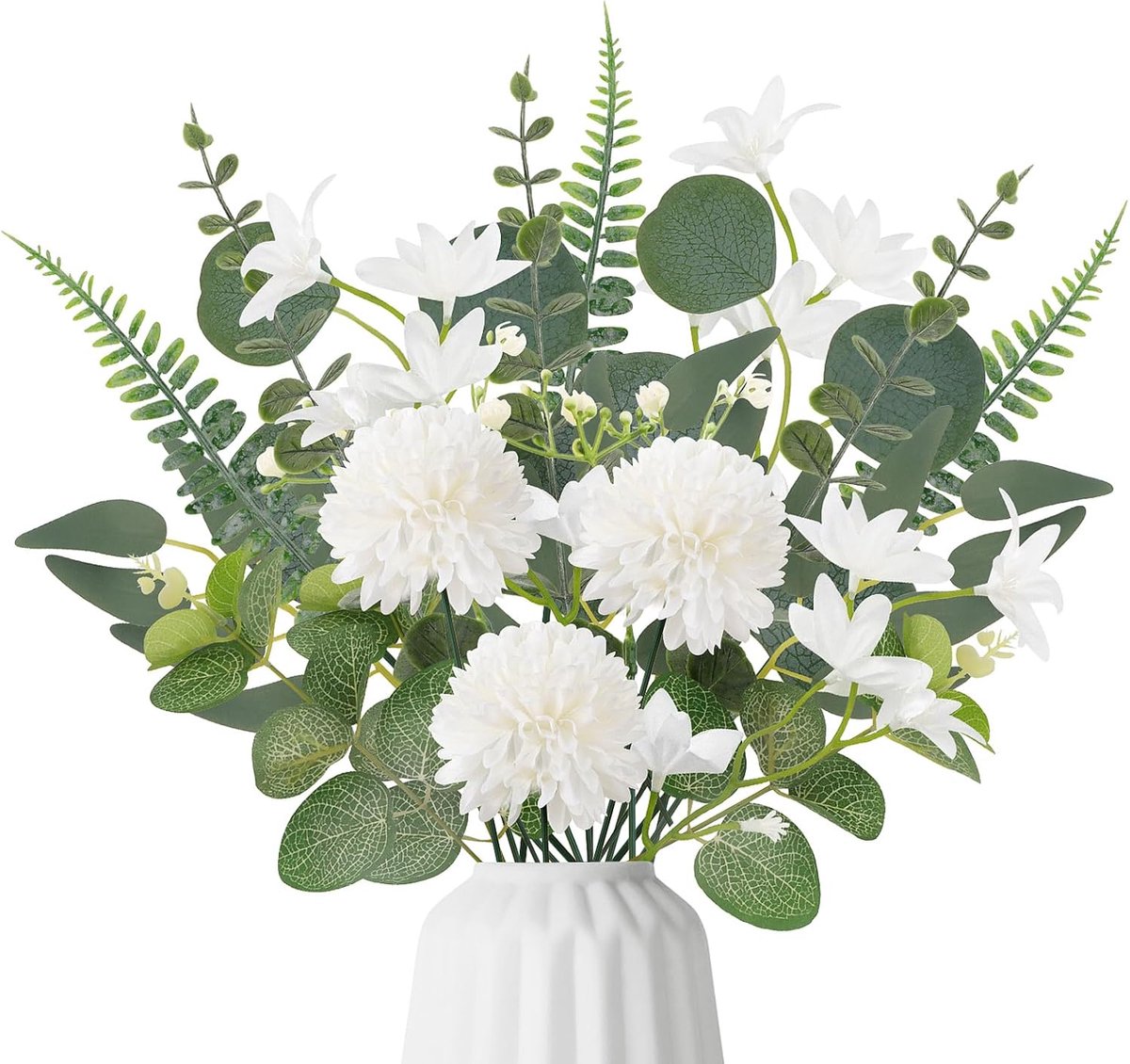 SnelShoppen - 63 Stuks Kunstbloemen en Takken, Wit en Groen Boeket met Hortensia, Eucalyptus en Decoratieve Takken voor Bruidsboeket, Bruiloft en DIY