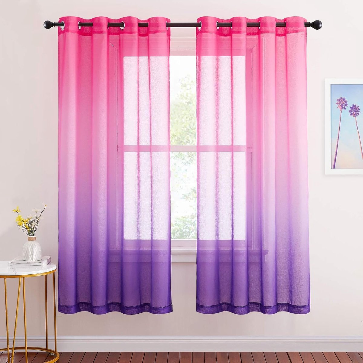 SnelShoppen - Voile Gordijnen met Gradient Design Fuchsia Paars 2 Stuks 175x140 cm - Linnen Look voor Woonkamer en Slaapkamer - Trendy Decoratie
