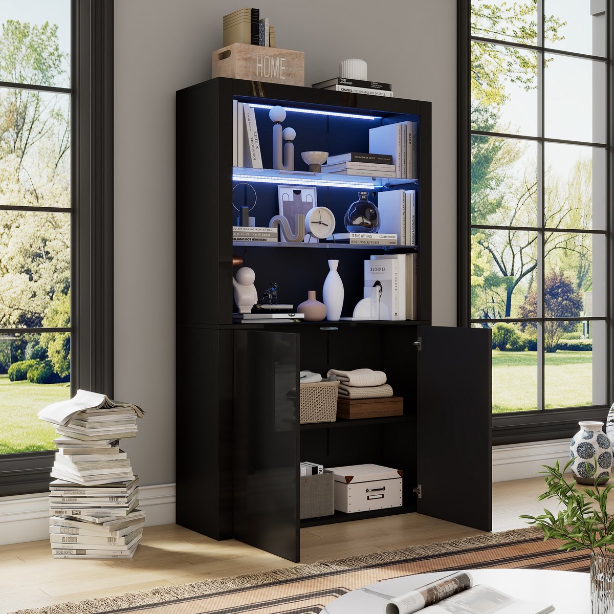 COVREO Vitrinekast 100 x 35 x 170 cm zwart met LED-verlichting, 2 glazen planken en 2 deuren