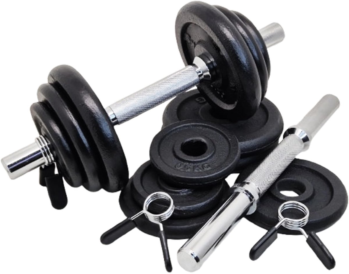 SnelShoppen - G5 HT SPORT Halterset met Gietijzeren Halterschijven 25 mm - Verstelbare Gewichten 11, 21, 35 kg - Voor Thuis en Sportschool Fitness Tra