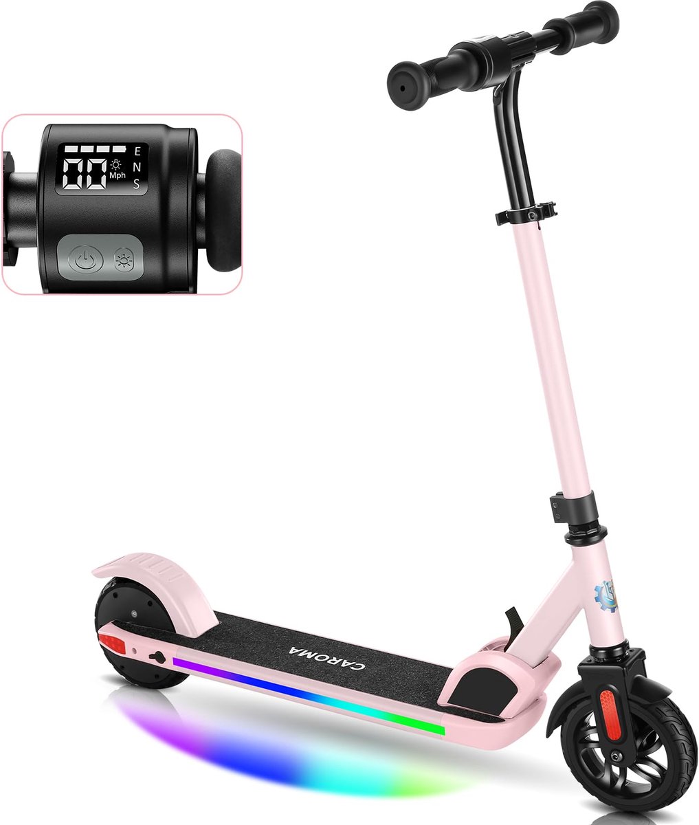 SnelShoppen - Elektrische Step voor Kinderen 8-12 Jaar, 150W Motor, 17 km/u Snelheid, Opvouwbaar, LED-Display, Gekleurde Lampen, Roze, Verstelbare Stu
