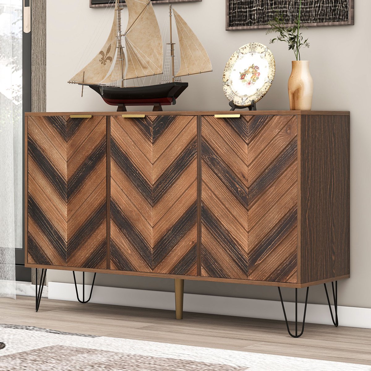 COVREO Dressoir 120 x 38 x 76,5 cm – houtkleur en zwart, 3 deuren met planken