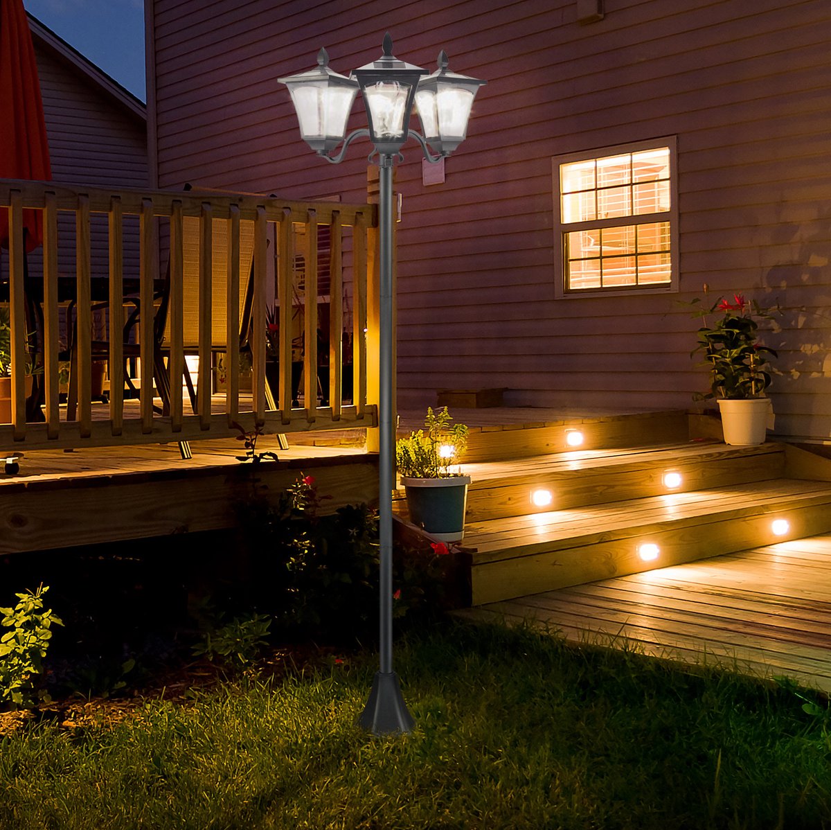 OKWISH Padverlichting - Solar Tuinlantaarn Met 3 Lichtpunten En LED - Voor Tuin Terras En Pad - RVS Zwart - 51,5 x 47 x 182,5 cm