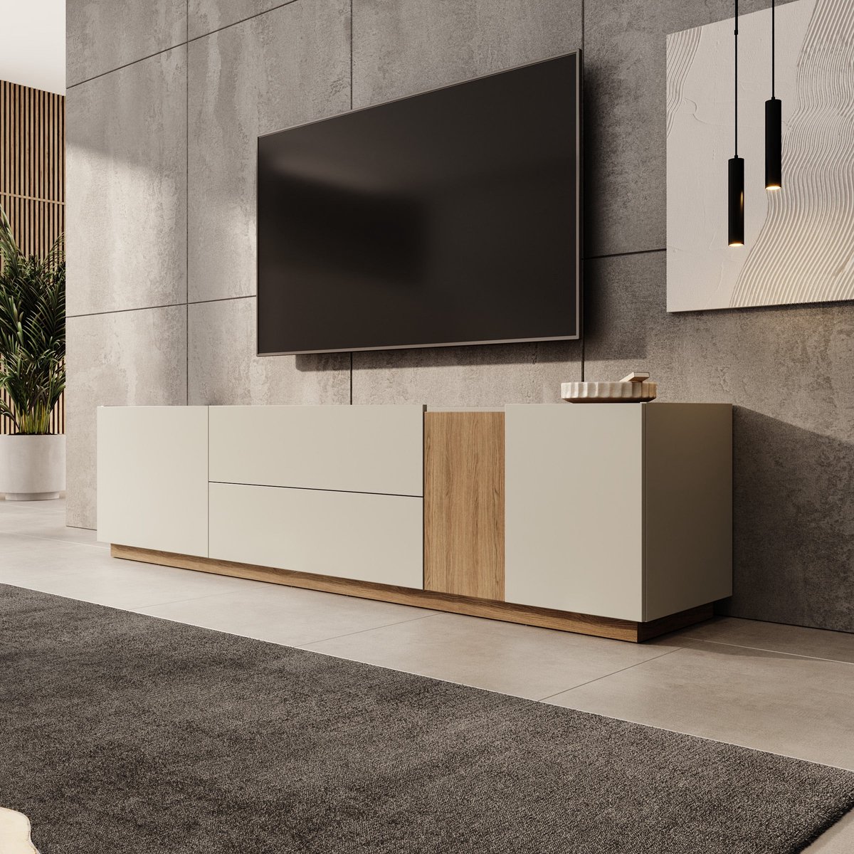 Meubella - Lavar - TV-meubel - Grijs/Eiken - 204x41x50 cm