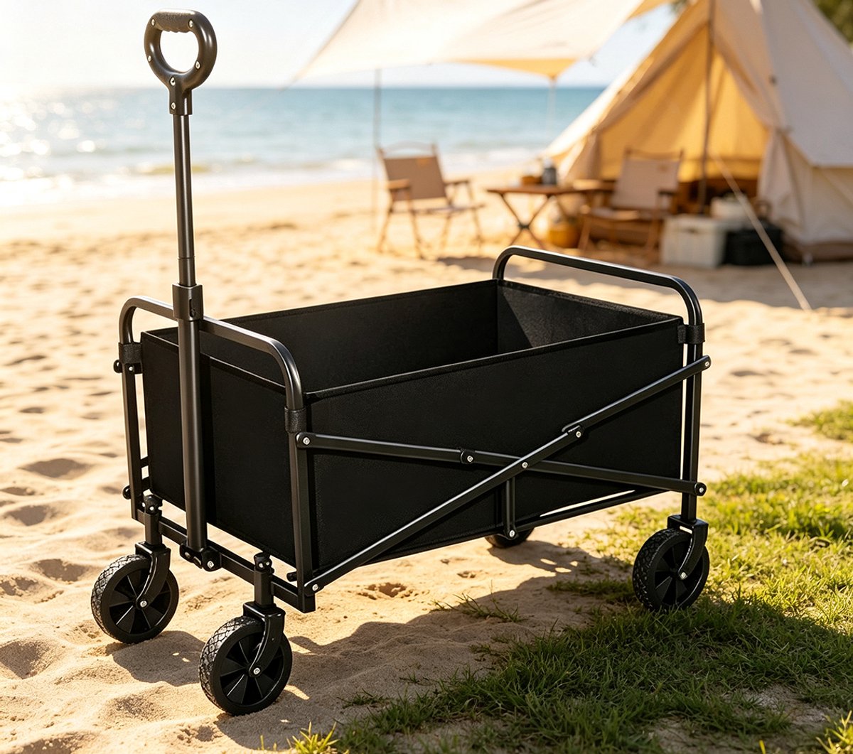 Deze robuuste en duurzame zwarte opvouwbare campervan meet 80x43x65 cm heeft een laadvermogen van 125 kg en is voorzien van een verstelbare handgreep en een afneembare waterdichte hoes Hij is geschikt voor boodschappen stranduitjes en kamperen