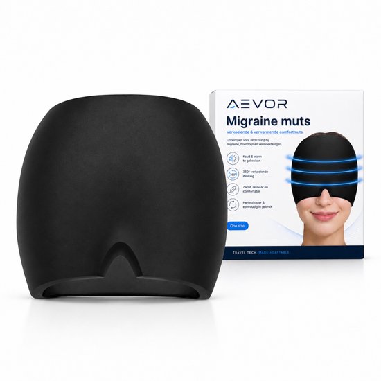 Verpakking en zwart AEVOR migrainemasker met blauwe lijnen op een witte achtergrond.