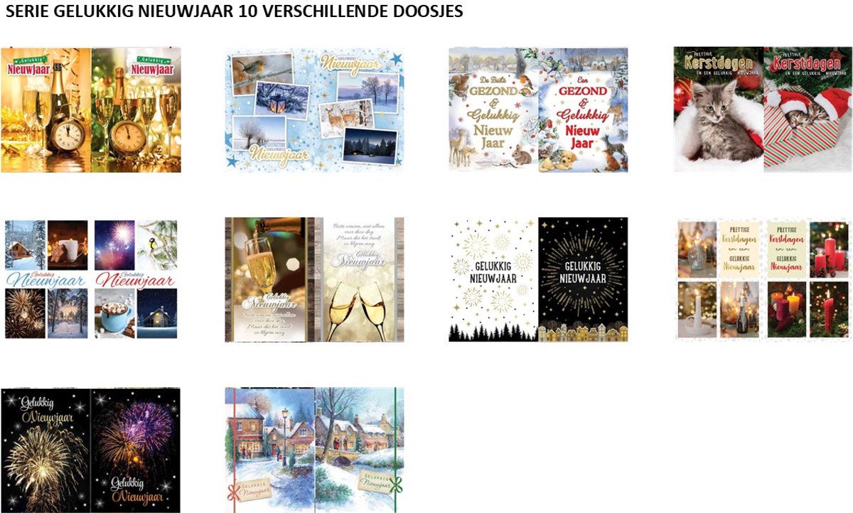 Kerstaanbieding: 60 kerstdoosjes Gelukkig Nieuwjaar budget met 10 kaarten en enveloppen