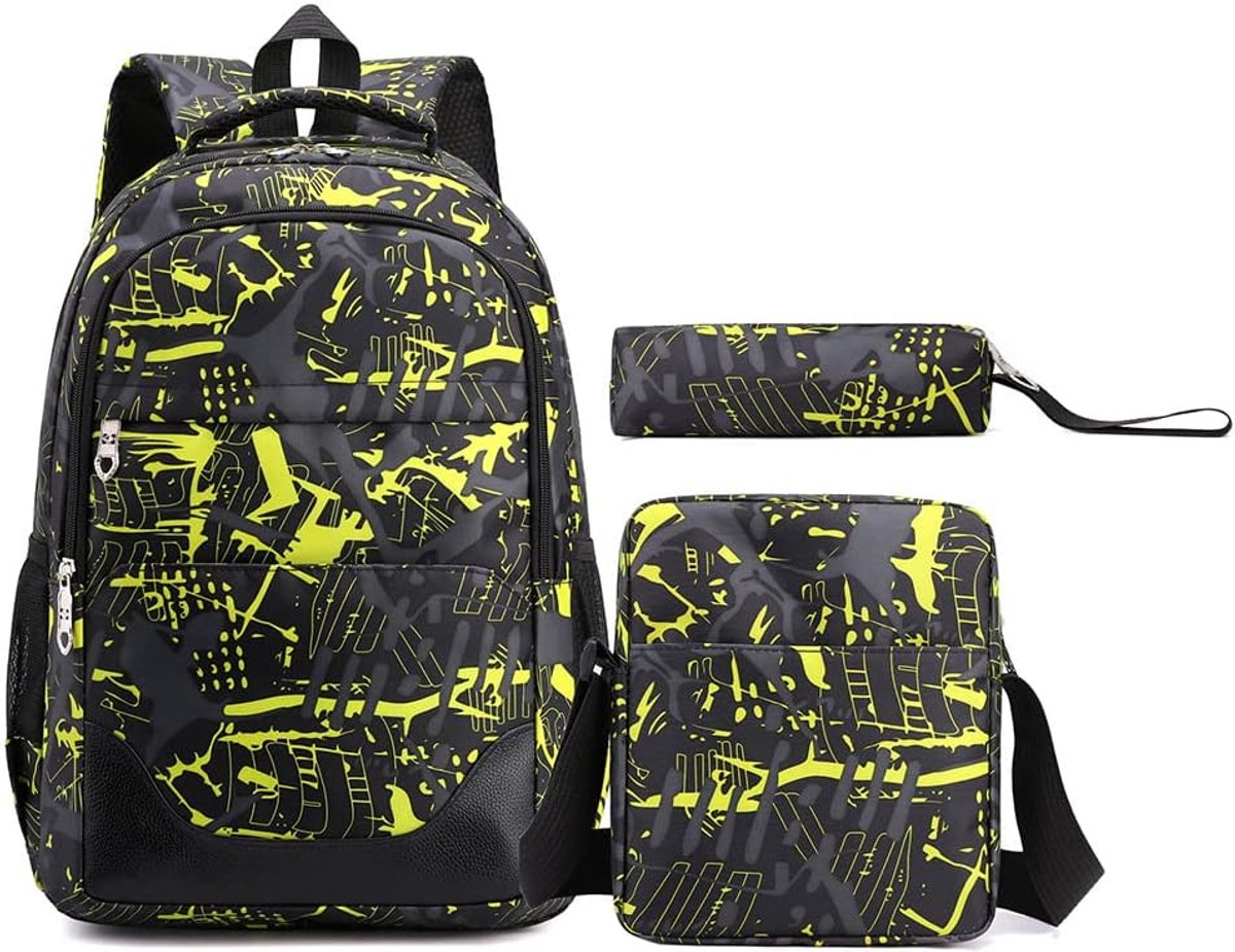 Rugzakset in preppy stijl, casual, ruime, eenvoudige rugzak, lunchtas en etui (geel, one size fits all)