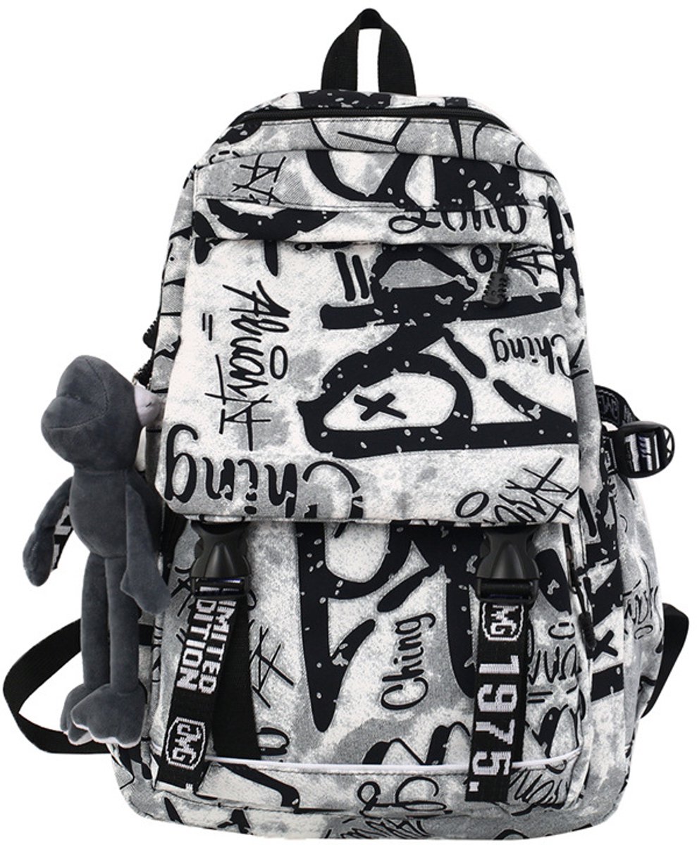 Lichtgewicht, stijlvolle casual laptoprugzak met graffiti-print, klassieke reistas, unisex, alledaagse rugzak, waterdicht, ideaal als cadeau (wit).