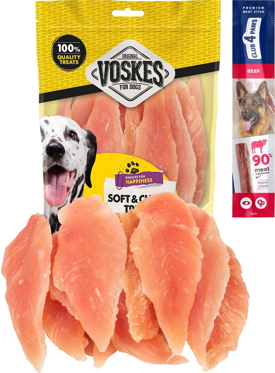 Voskes dog treats gedroogde kippenborst 2 x 400 gram met gratis Club 4 Paws hondensnack