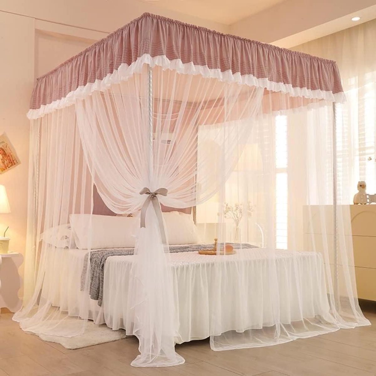 Roze Klamboe - Hemelbed Gordijn - Muggen Buiten Houden - Decoratieve Vier Kolommen - 200 cm Hoogte - Roze