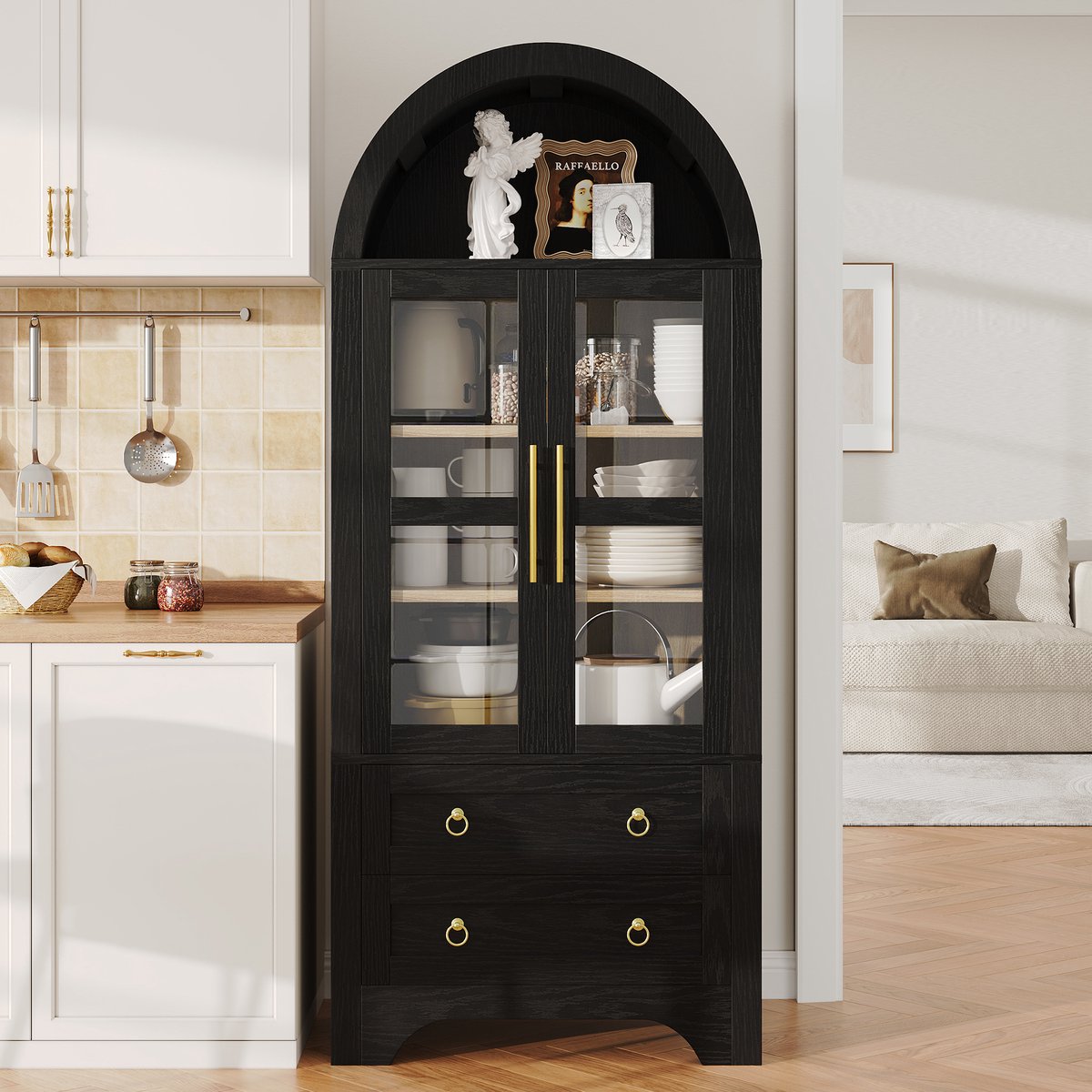 PHOEBE CAT Buffetkast - Dressoir - Vitrinekast - Verstelbare planken - 2 lades - Glazen deuren - Zwart