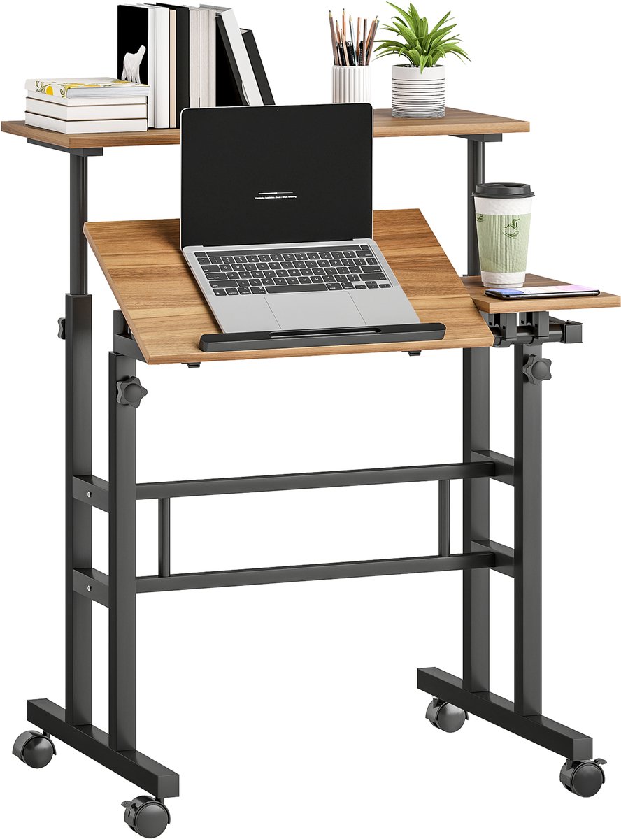 In hoogte verstelbaar zit-sta bureau 70 x 60 cm met wielen, kantelbaar blad, bruin metalen frame