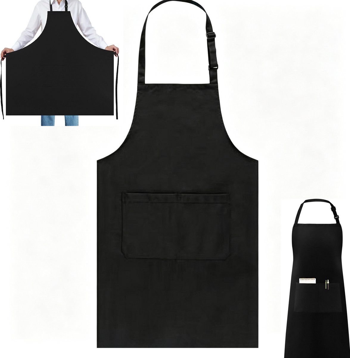 Schort - Verstelbaar schort met gesp - Waterdicht schort - BBQ-schort - Restaurantschort - Schort van polyester-katoen - Met twee zakken - 70 cm x 75 cm - Zwart - Geschikt voor koks en thuiskeukens