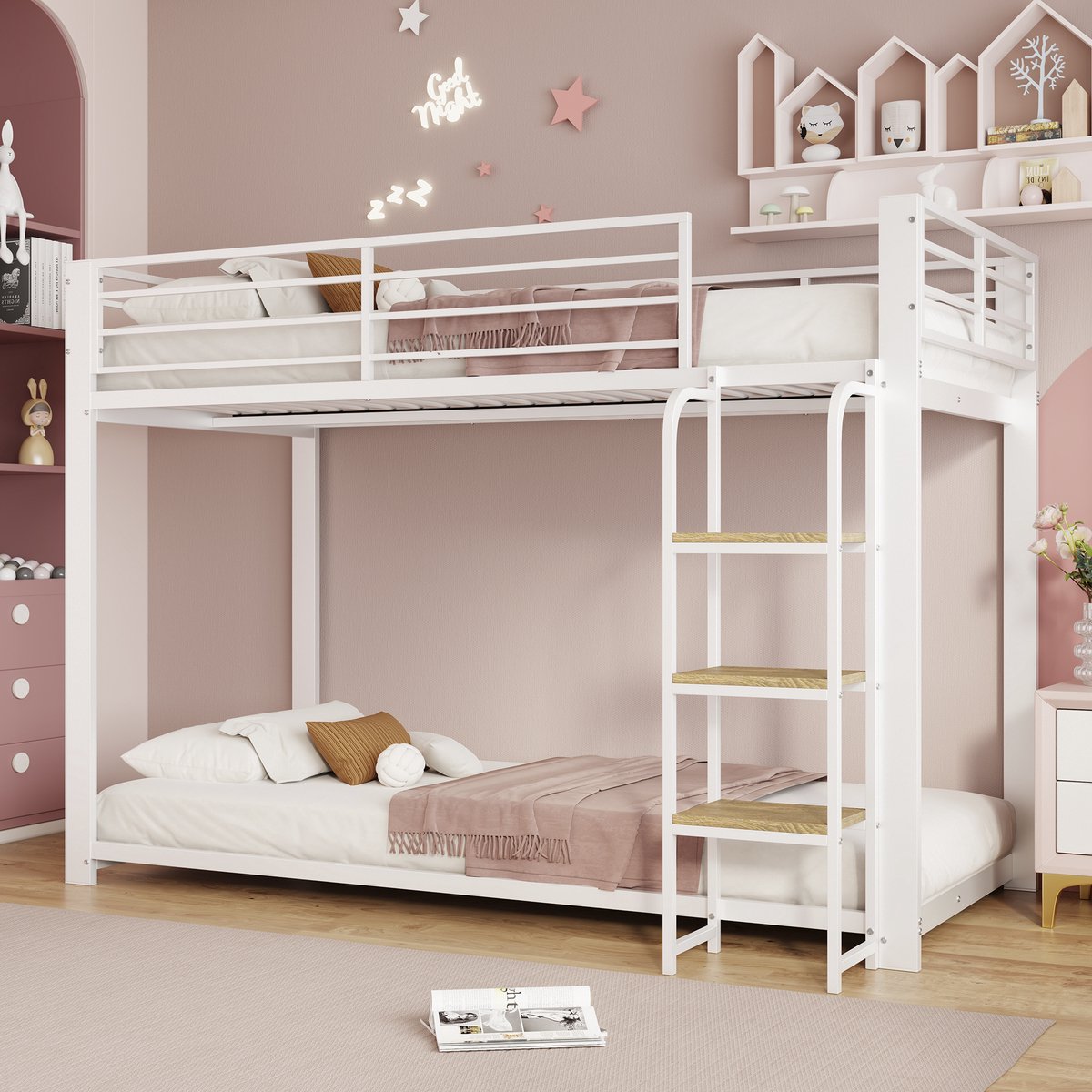 PHOEBE CAT Stapelbed - 90 × 200 cm - Metalen frame - Houten trapvormige opbergrek - Kinderbed - Wit