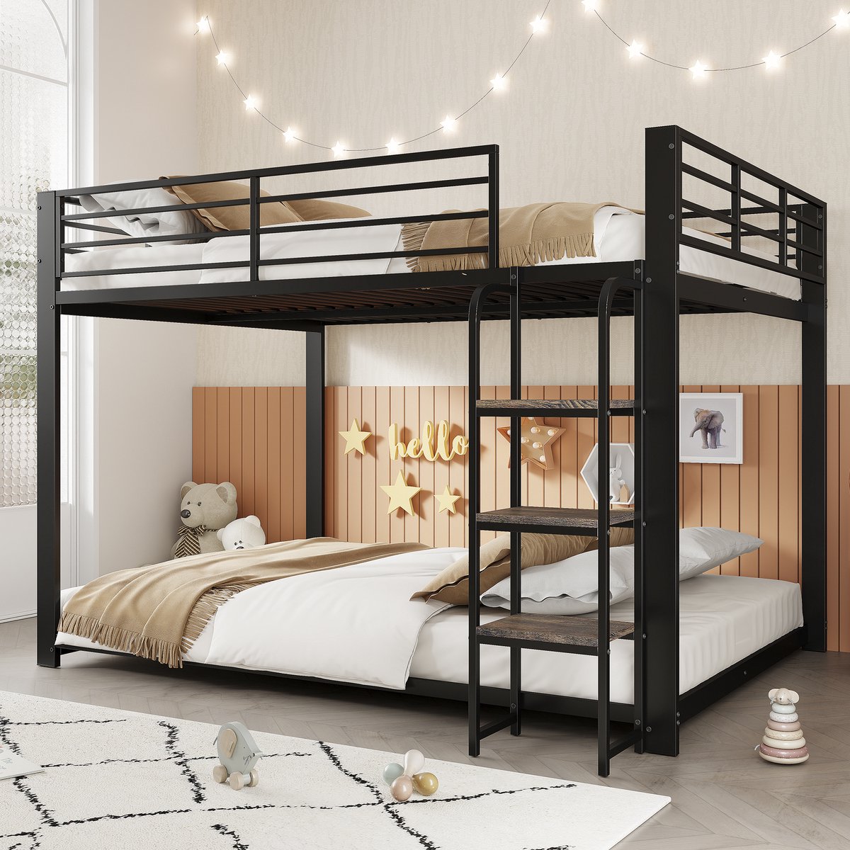 PHOEBE CAT Stapelbed - 140 × 200 cm - Metalen frame - Houten trapvormige opbergrek - Kinderbed - Zwart