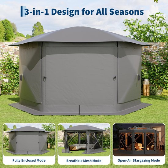 Triumpunpre Pop-up Tuinpaviljoen Zeshoekig 3,6x3,6m - Opvouwbare Partytent Gazebo met 6 Afneembare Zijwanden & Muggengaas - 210D Polyester Waterafstotend UV-Beschermd - Inclusief Opbergtas - Grijs — afbeelding 3