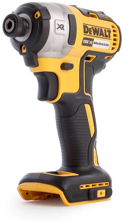 DeWALT 18V XR Brushless slagschroevendraaier in geel en zwart met zilveren accenten.