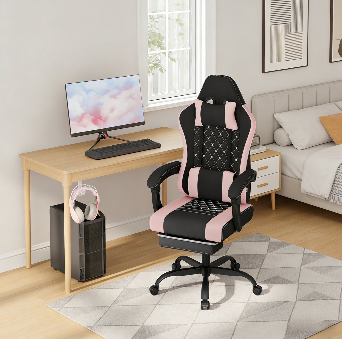 COVREO Gamingstoel 70 x 70 x 127 cm zwart roze, mesh met massage lendenkussen