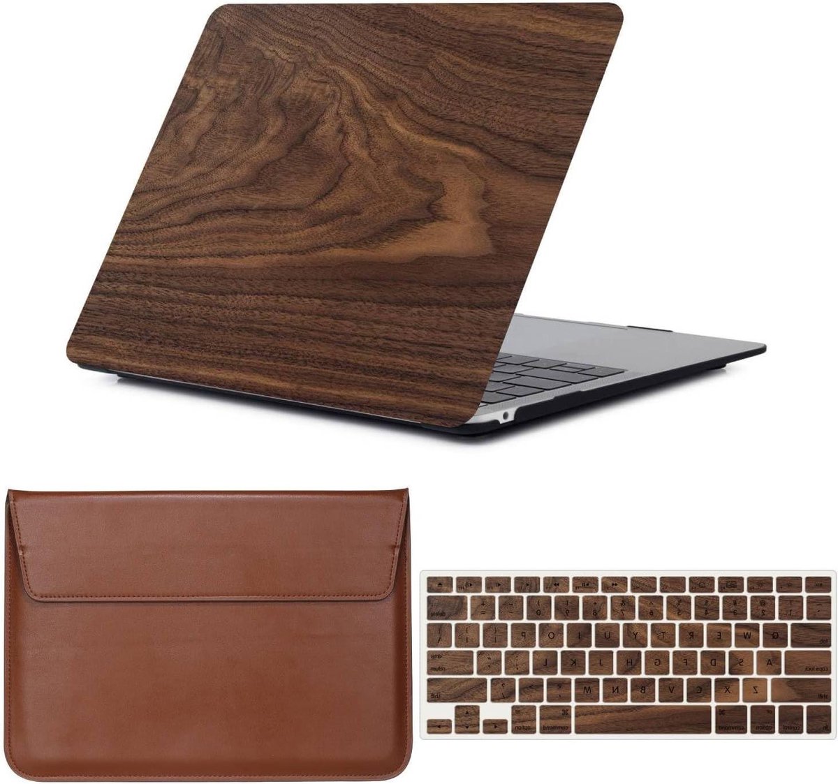 Laptop Beschermhoes - Leren Shell Case - Apparaat Beschermen - Tweedelige Behuizing - 13 inch - Donker Hout