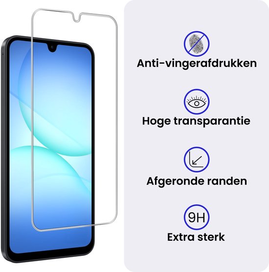 Screenprotector met de tekst 'Anti-vingerafdrukken', 'Hoge transparantie', 'Afgeronde randen' en '9H Extra sterk'.